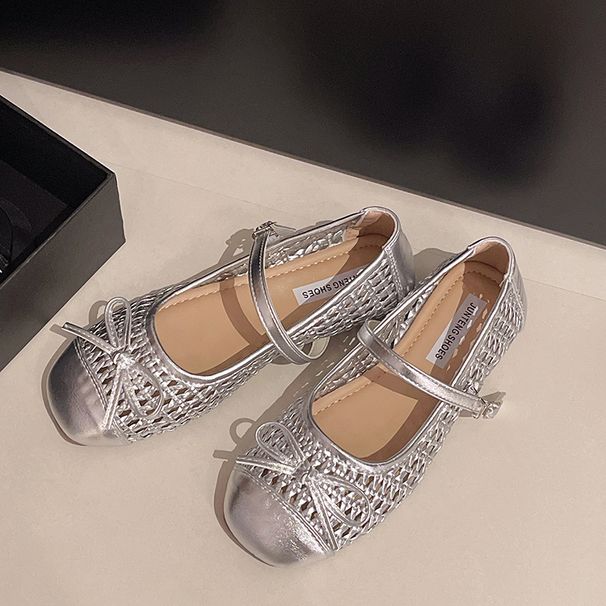 Lässige Hohlloch-Einzelschuhe mit gewebtem Bogen und quadratischem Kopf, flache Freizeitschuhe_voghion.com