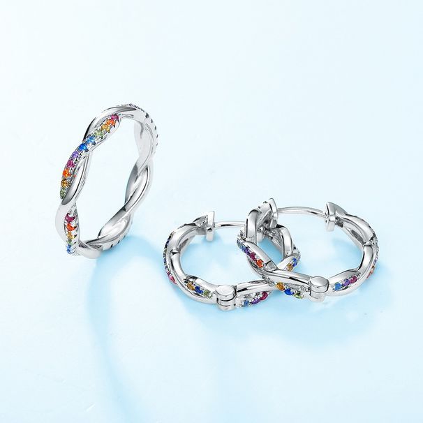 Orecchini con zirconi intrecciati e design arcobaleno per donna in argento S925 completamente intarsiati con orecchini in zirconi colorati luminosi, luce di lusso_voghion.com