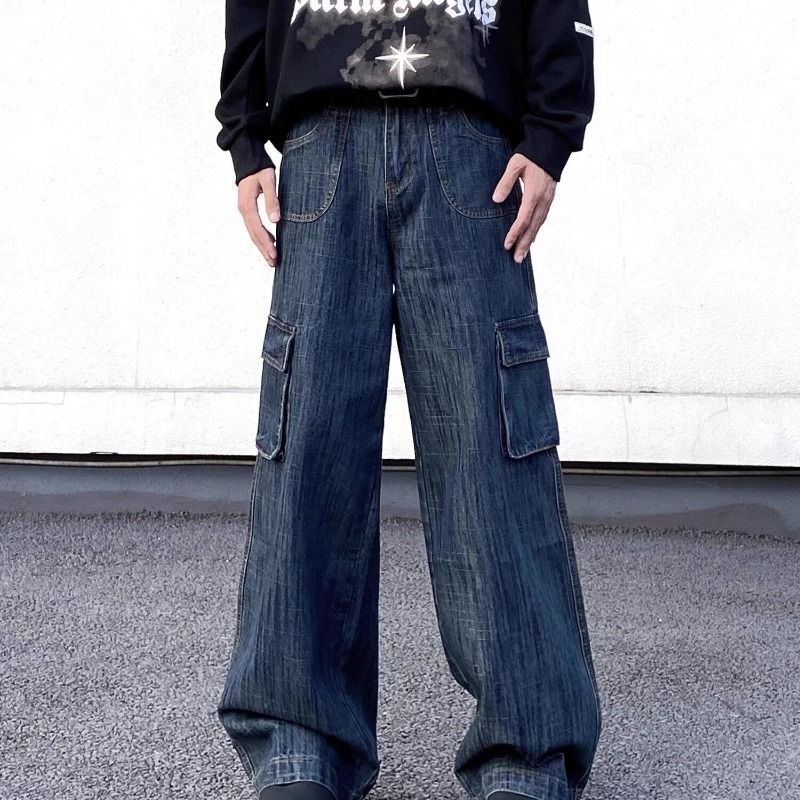 Herrenbekleidung Retro Washed Multi Pocket Arbeitsjeans für Männer und Frauen Lockere gerade Beinhose für Jugendliche mit drapiertem Wischmopp und weitem Bein_voghion.com