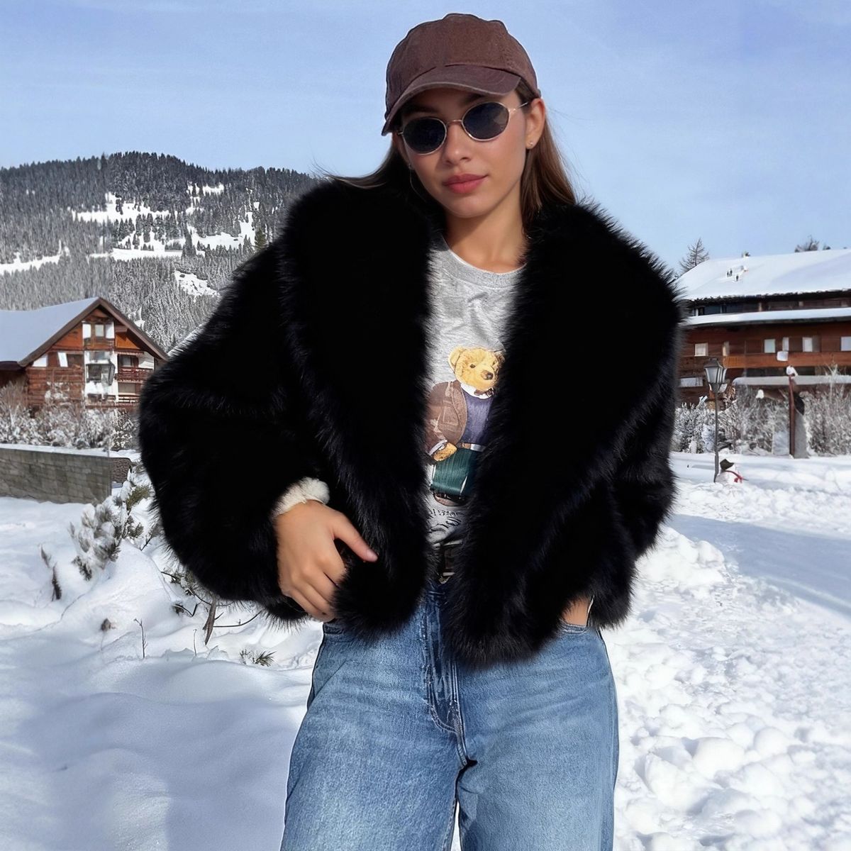 Cappotto in pelliccia sintetica di lusso - Cappotto invernale da donna con collo a scialle e tasche, giacca in pelliccia vegana morbida e calda per autunno e inverno (S-XXL, nero/marrone)_voghion.com