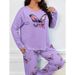 Große Damen-Pyjamas, Set mit langen Ärmeln und Hose, süßer Pullover mit lila Schmetterlingsdruck, lässige Loungewear, zweiteilig._voghion.com