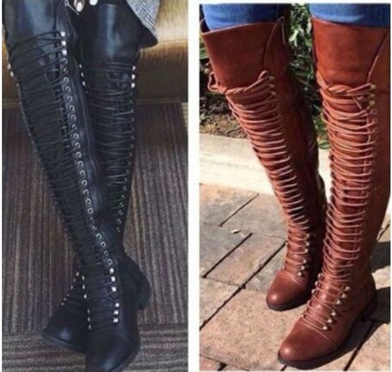 Bottes à lacets de couleur unie au-dessus du genou_voghion.com