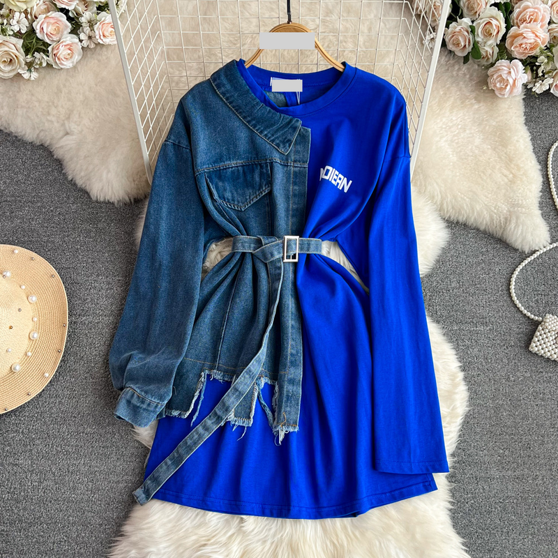 Women's Clothing temperament waist with belt color matching denim dress casual mid-length T_voghion.com