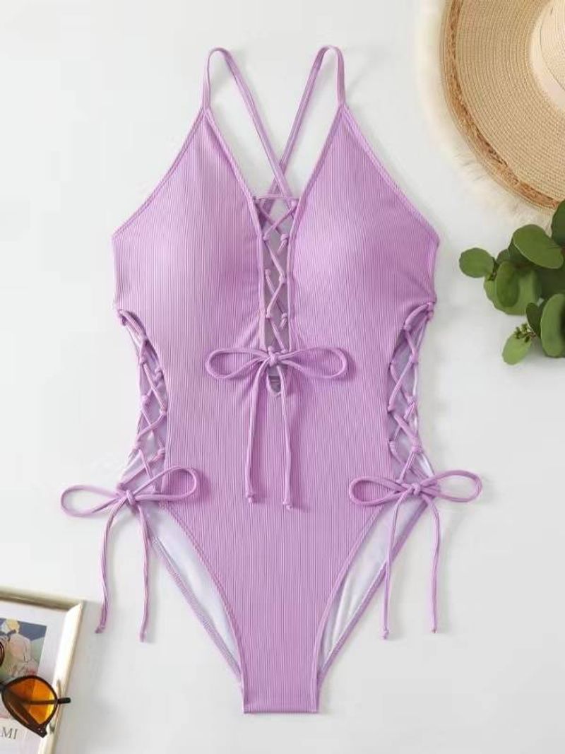 Mono sexy de punto acanalado con cordones y lazo para mujer, conjunto de fiesta para discoteca, top de cintura alta_voghion.com