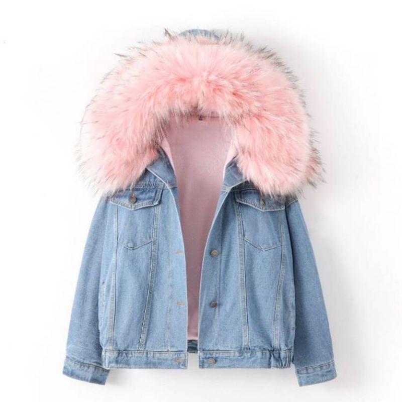 Women's Clothing thick plus fleece collar denim jacket loose short lamb wool cotton coat _voghion.com