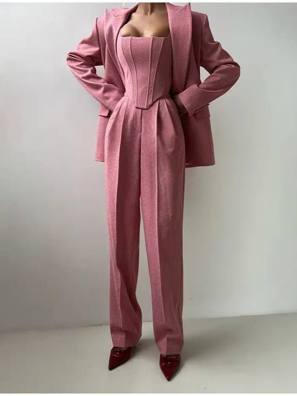 Completo blazer con corsetto su misura: gilet con cintura a vita alta + pantaloni coordinati (3 pezzi, grigio/rosa/beige/kaki, S-L)_voghion.com