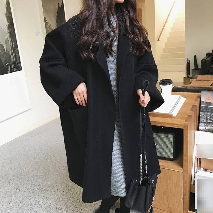 Women’s Audrey Hepburn-Style Wool Blend Trench Coat – Mid-Length Black & Brown Polyester Coat, Classic Office & Casual Coat With Notched Collar_voghion.com