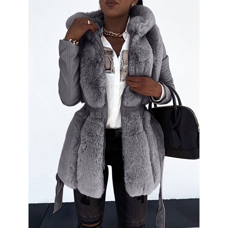 Kvinnors pälsrock med bälte huva enfärgad Zip Jacket Coat_voghion.com