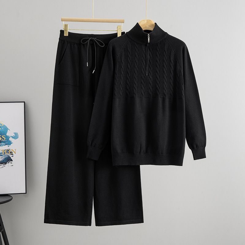 Zweiteiliges Set aus Strickpullover mit Halbrollkragen für Damen – Elegantes, lässiges Outfit aus Pullover und Hose mit Zopfmuster für Herbst und Winter (Khaki, Schwarz, Kaffee_voghion.com