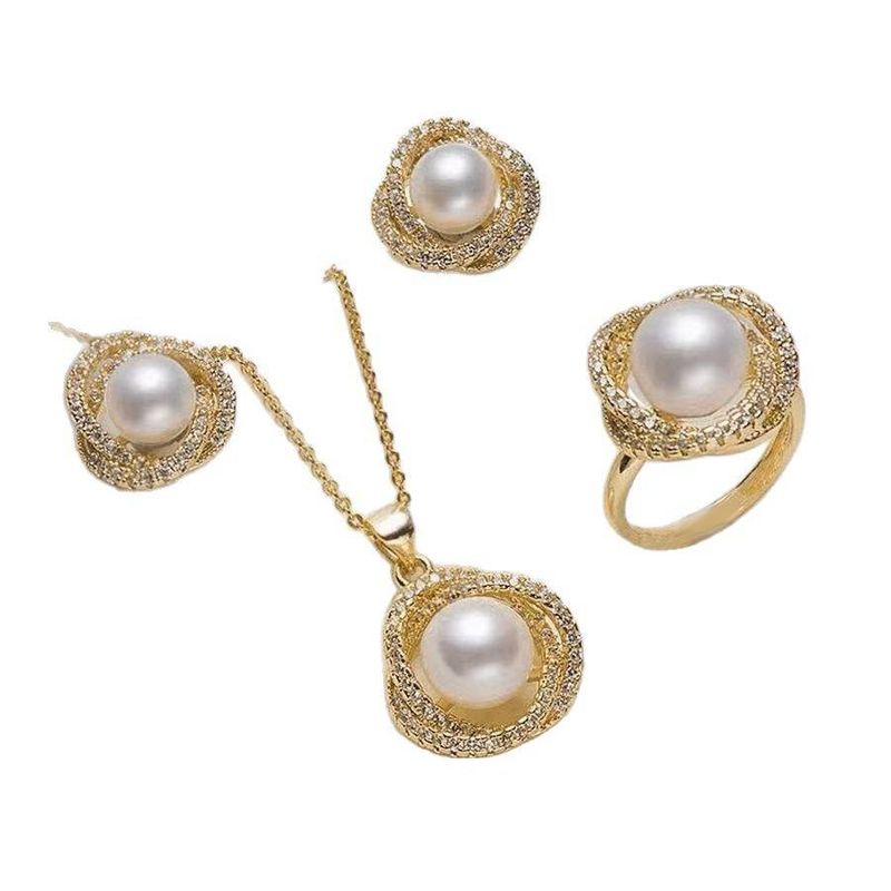 Women's Jewelry Set Elegant Light Luxury Copper Inlaid Zircon Pearl Camellia Pendant Necklace Earrings Set Fashion Jewelry_voghion.com