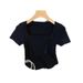 Knitted shoulder square neck sleeved T-shirt for women in summer, with pleated waist and a new light Chinese style short_voghion.com