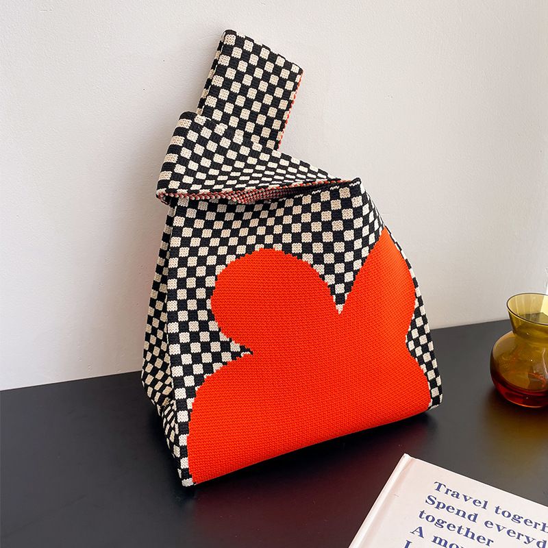 Handmade Knit Handbag Women Mini Knot Wrist-bag Female Casual Color Wide Stripe Plaid Tote Student Reusable Shopping Bag_voghion.com
