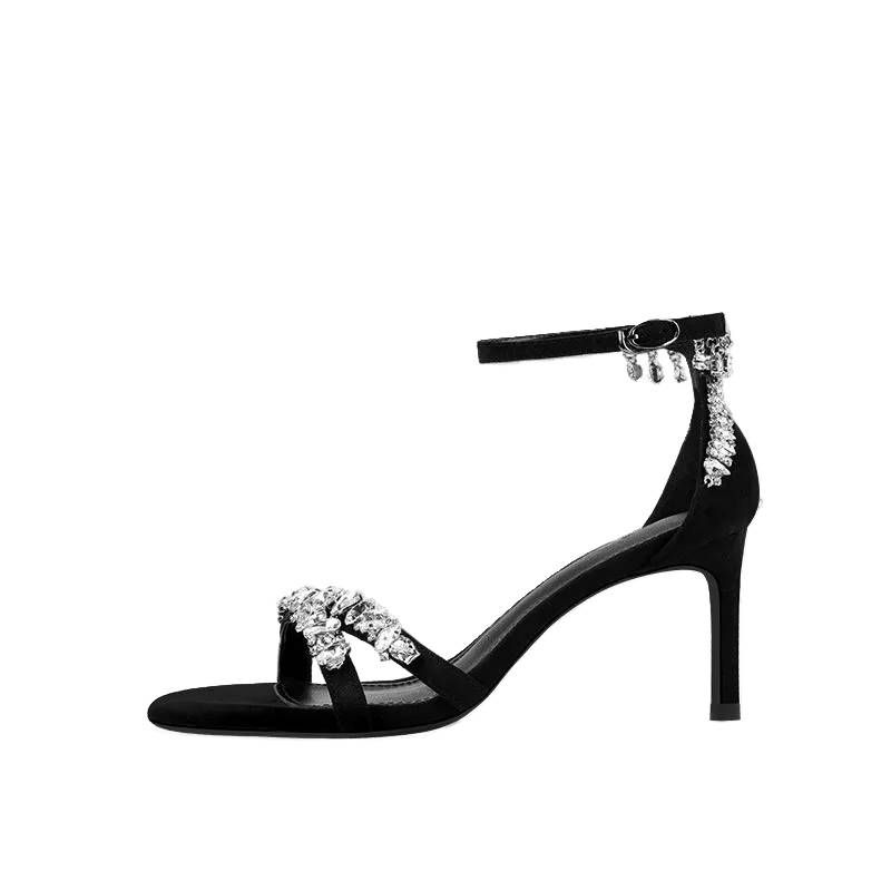 Zhiyu Letnie Sandały Damskie Czarne Seksowne Odkryte Palce Szpilki Damskie Buty Elegancka Sukienka Kolacyjna Kryształki Wysokie Obcasy_voghion.com