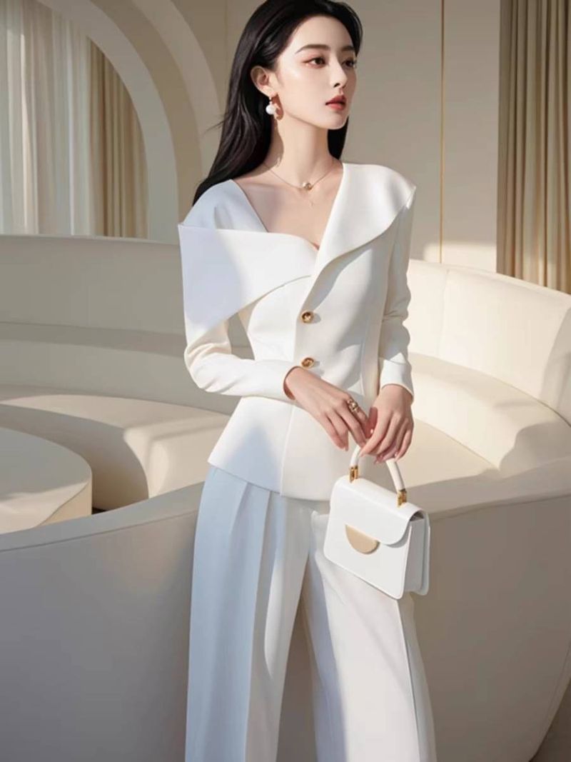 Women's Clothing Outfit High end Small Dress Temperament Celebrity Goddess Style High end White Suit Pants_voghion.com