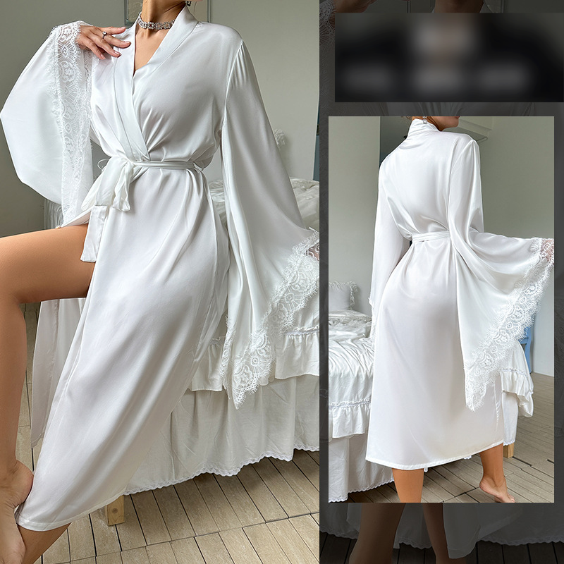 Erkek Uyku & Dinlenme Yeni Saten Pijama Kadın Dantel Hafif Lüks Uzun Kollu Soğuk Gecelik Bornoz Ev Giyim Kadın_voghion.com