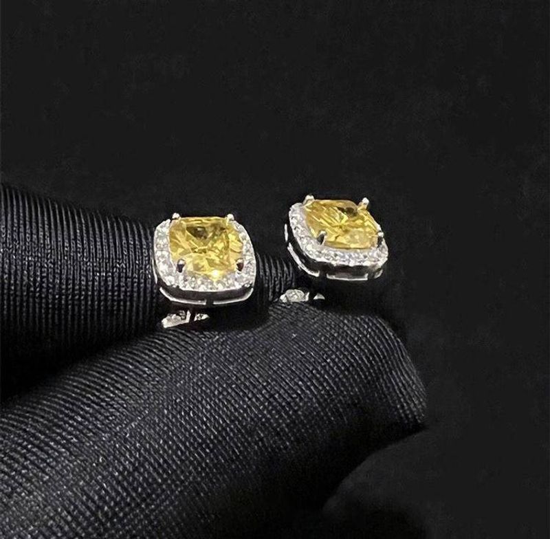 Men's Hip - Hop Zircon Ear Studs - Unisex Style, High - End Euro - American New Trend, Yellow Diamond & Rock Candy Design, Sterling Silver Earrings_voghion.com