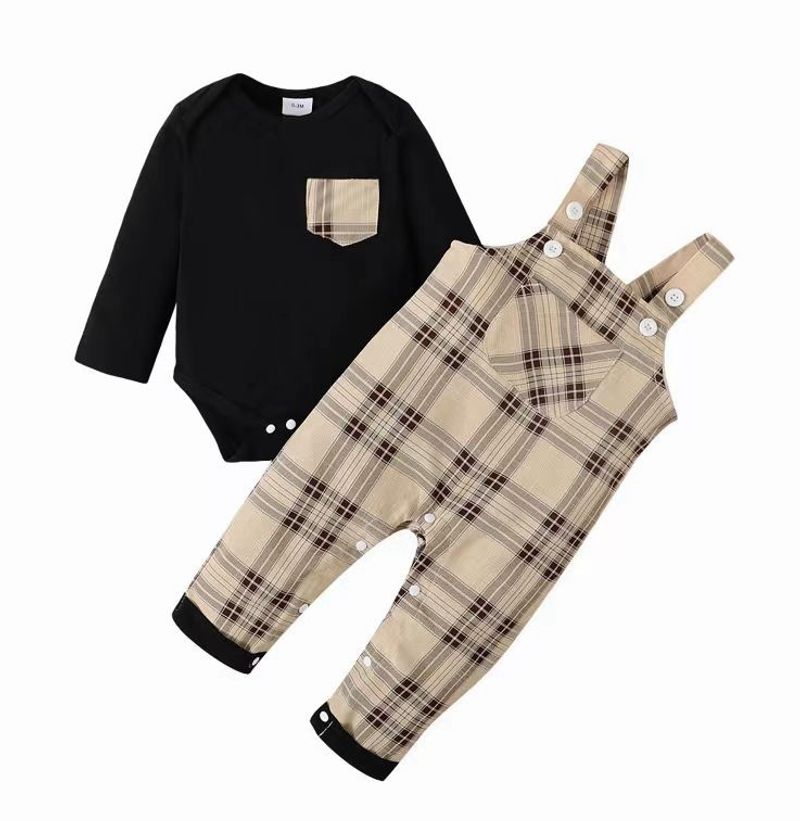 Mère et enfants, salopette à carreaux européenne et américaine pour bébé fille, barboteuse à manches longues, costume décontracté deux pièces pour bébé fille_voghion.com