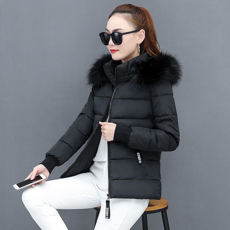 Vetement femme manteau court en coton manteau femme veste en coton coupe cintrée épaissie grand col fourrure petite personne manteau en coton_voghion.com