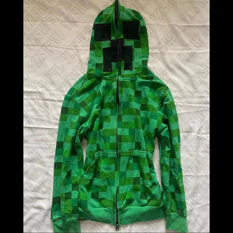Men's Zip-Up Checkered Print Hoodie – Retro Punk Streetwear Jacket, Oversized Loose Fit With Cartoon Graphics_voghion.com