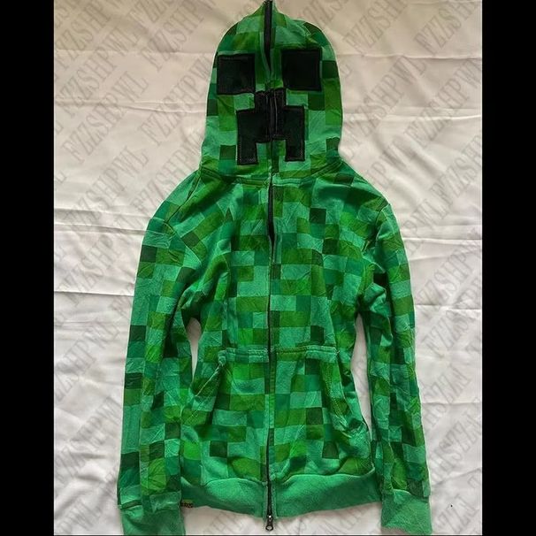 Men's Zip-Up Checkered Print Hoodie – Retro Punk Streetwear Jacket, Oversized Loose Fit With Cartoon Graphics_voghion.com