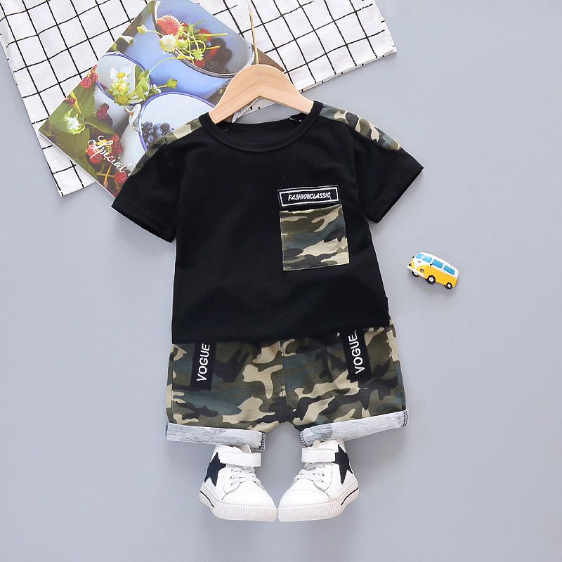 Mère et enfants garçon bébé vêtements camouflage T-shirt été enfants beau décontracté col rond à manches courtes costume_voghion.com