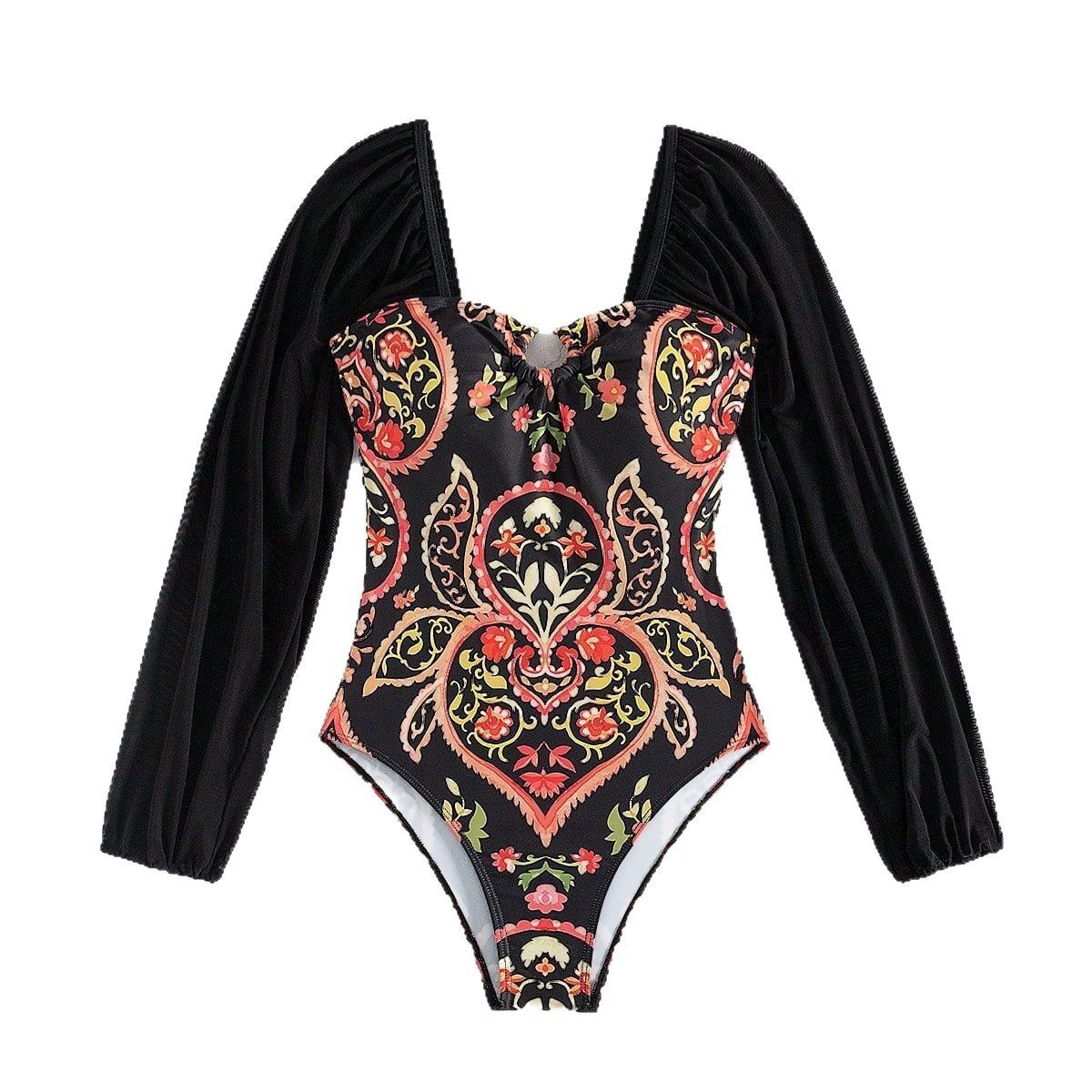 Women's Clothing New Swimsuit Women's Belly-covered Slimming Sexy Long-sleeved Strapless Printed Swimsuit_voghion.com