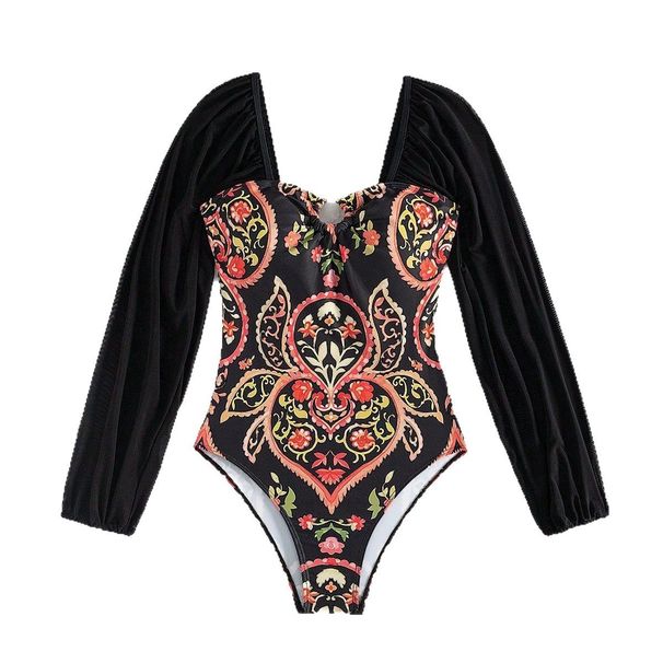 Women's Clothing New Swimsuit Women's Belly-covered Slimming Sexy Long-sleeved Strapless Printed Swimsuit_voghion.com