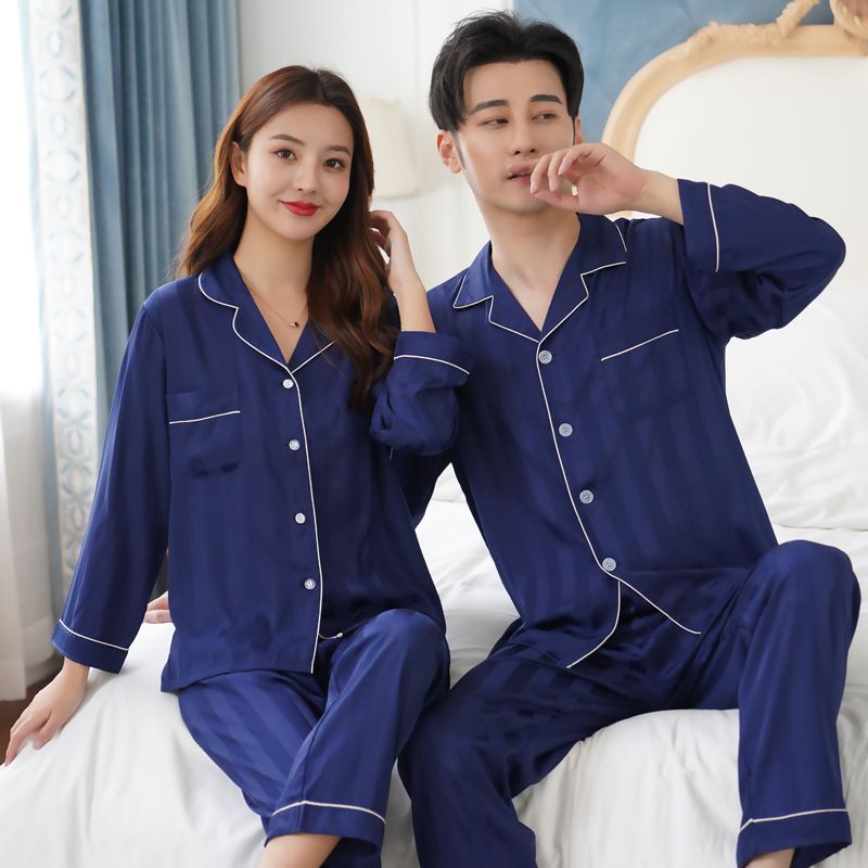 Couple's Sleepwear For Spring, Summer, And Autumn | Ice Silk Material Long Sleeve Pants Cool And Comfortable--Wide Stripe Navy Blue Style_voghion.com