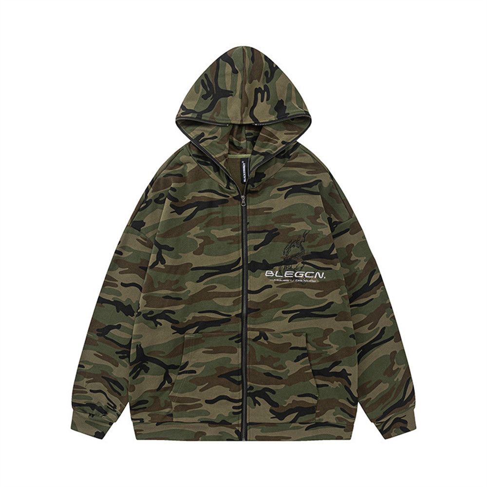 Shark Hooded Camouflage Sweatshirt Men's Trendy Loose Casual Autumn Winter Masked Zipper Cardigan Jacket American Style_voghion.com