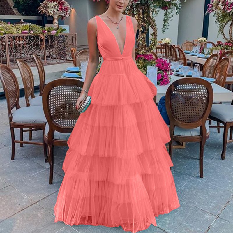 Women's clothing mesh dress cake skirt suspenders sleeveless deep V evening dress_voghion.com