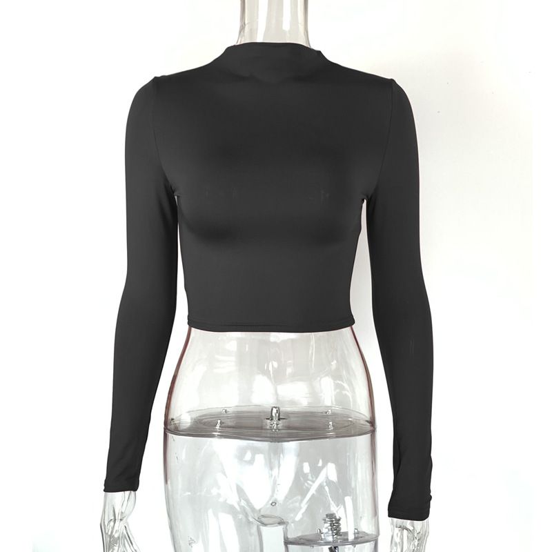 Camiseta de mujer de color sólido sexy ajustada sin cuello de manga larga con cuello medio alto_voghion.com