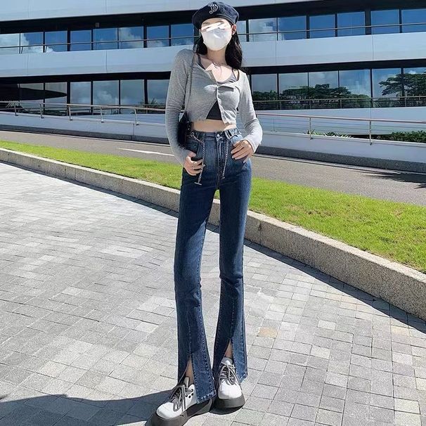 Τζιν παντελόνι με ψηλή μέση και γυναικείο σχέδιο, σε στυλ αμερικανικού στυλ, με σέξι girl, στενή εφαρμογή, λάστιχο, φαρδύ με ντεγκραντέ αδυνάτισμα._voghion.com