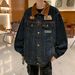 Denim con risvolto ricamato patchwork color block americano per uomo autunno e inverno senso del design, nicchia versatile_voghion.com
