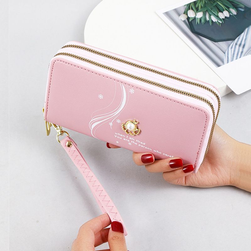 Women's Wallet Card Cases Double Layer Zipper Long Wallet Women Large Capacity Wrist Clutch Pearl Print Mobile Phone Bag_voghion.com