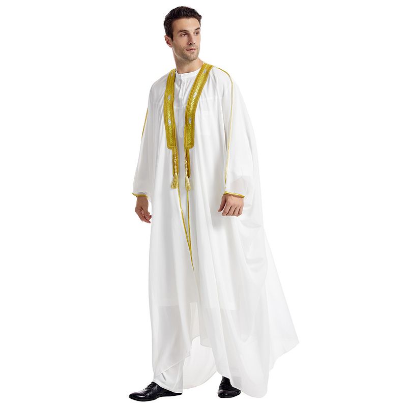 Men's Clothing Middle East Dubai Turkish Muslim Men's Bachelor's Clothing Embroidered Contrast Color Chiffon Robe Thobe_voghion.com
