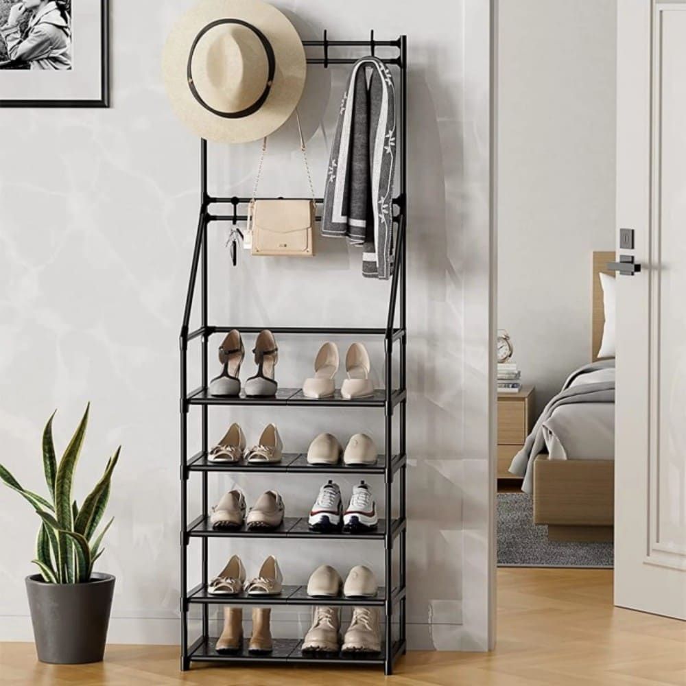 5-Tier Shoe Rack Shoe Storage For Entryway,Narrow Shoe Rack,Coat And Shoe Rack With 8 Hooks_voghion.com