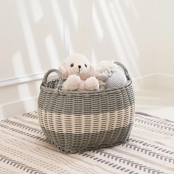 Zita Oval Resin Woven Wicker Multi-Use Storage Basket With Handles - 18' X 15' X 15' - White-Gray - For Towel, Toys, Magazines Storage And Home Deco_voghion.com