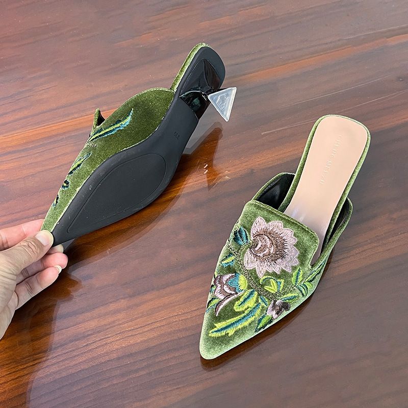 Pantofi de damă, stil nou, broderie, jumătate de papuci pentru femei, nou, broderie florală retro, jumătate de papuci, modă, sandale plate cu vârf ascuțit pentru femei_voghion.com
