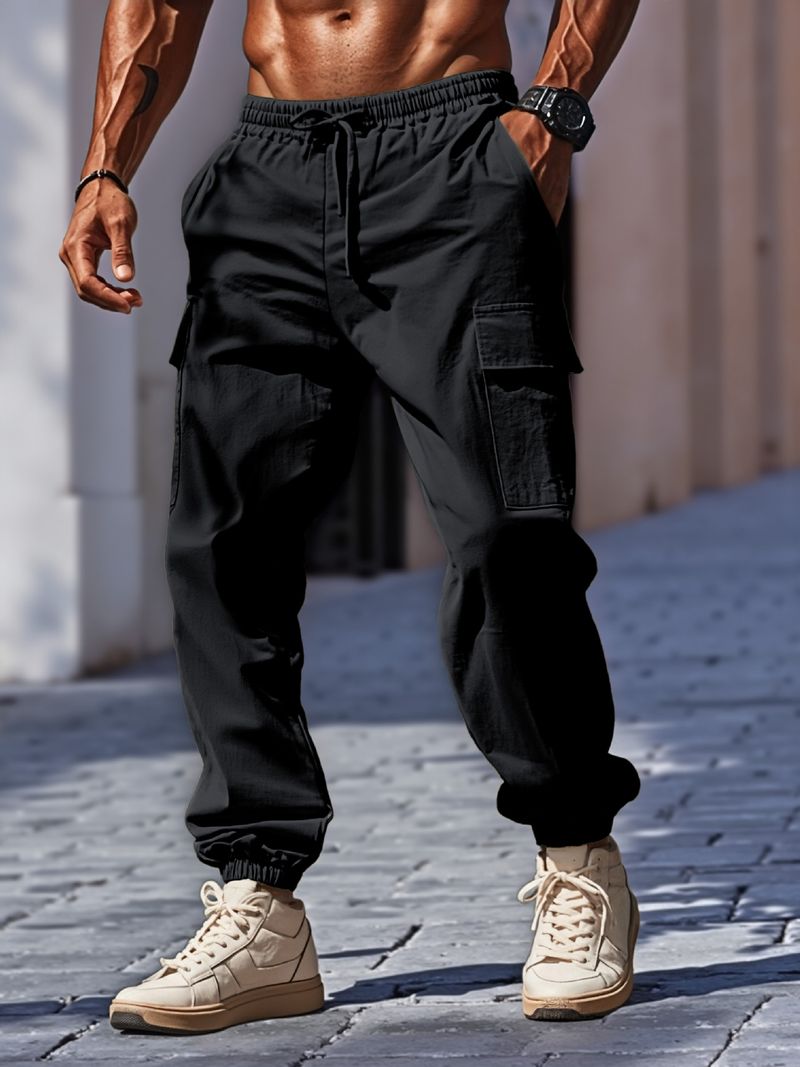 Pantaloni da uomo in cotone e lino, larghi, multitasche, da lavoro, con risvolto, casual, lunghi, da uomo_voghion.com