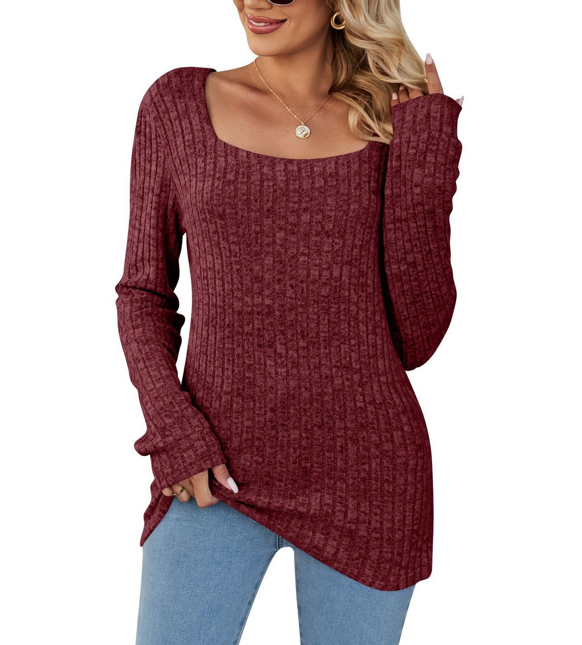 Abbigliamento da donna autunno inverno, top tunica oversize a maniche lunghe con scollo quadrato e coste spazzolate, vestibilità comoda e casual, tessuto morbido, colore rosso vino_voghion.com