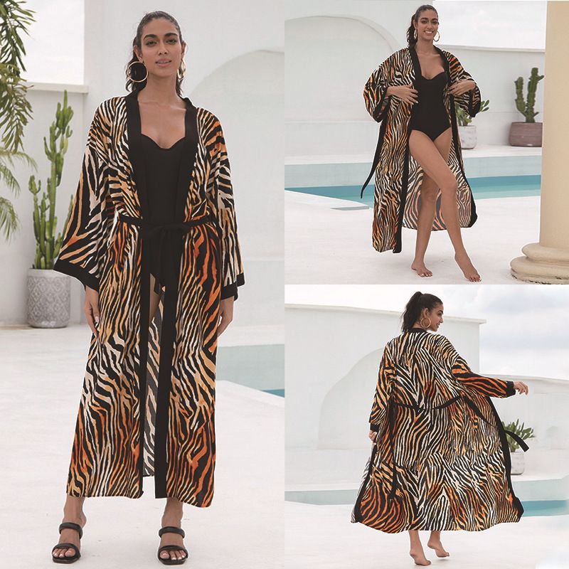 Women's 100% Cotton Printed Long Sleeve Beach Cover Up Sun Protection Kimono - Lightweight Bikini Wrap, Swimwear Cover, Vacation Outfit_voghion.com