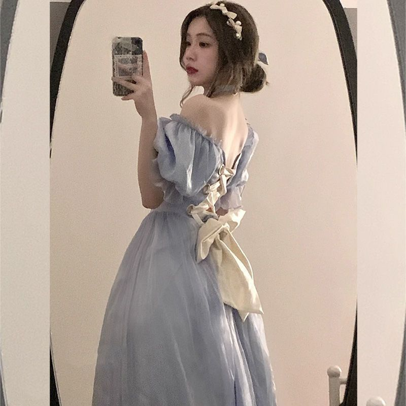 Blue Lolita Dress Short Front Long Back Floral Design, Suitable For Marrying Heavy Worker With Large Bow And A Trailing_voghion.com