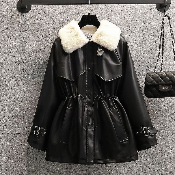 Damen-Winterjacke aus Kunstleder mit Fleecefutter, Bikermantel mit Gürtel in Übergröße, stylische und warme Oberbekleidung für kurvige Figuren_voghion.com