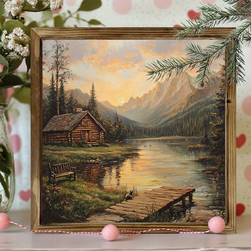 Drveni znak "Koliba uz jezero 8x8" - Miran planinski krajolik, seoski dekor za dnevni boravak ili ured. Rustikalno i moderno, savršen blagdanski poklon!_voghion.com
