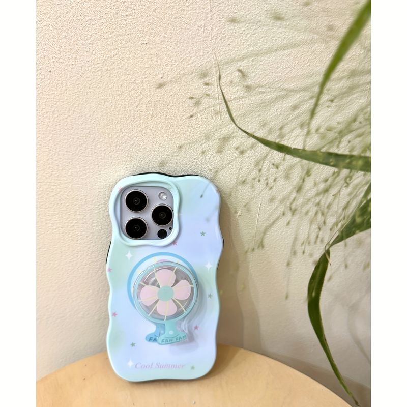 Fan Stand Mint Green Starry Protective TPU Case for  12, 13, 14, and 15 Pro Max - Full Coverage Shockproof Case with Integrated Fan Holder_voghion.com