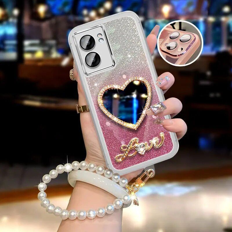 Perlenarmband für OPPO A57 A77 A58 A78 A98 A38 Realme C53 Reno 2Z 2F A16 Spiegelabdeckung Glänzende Glitzerhülle A 57_voghion.com