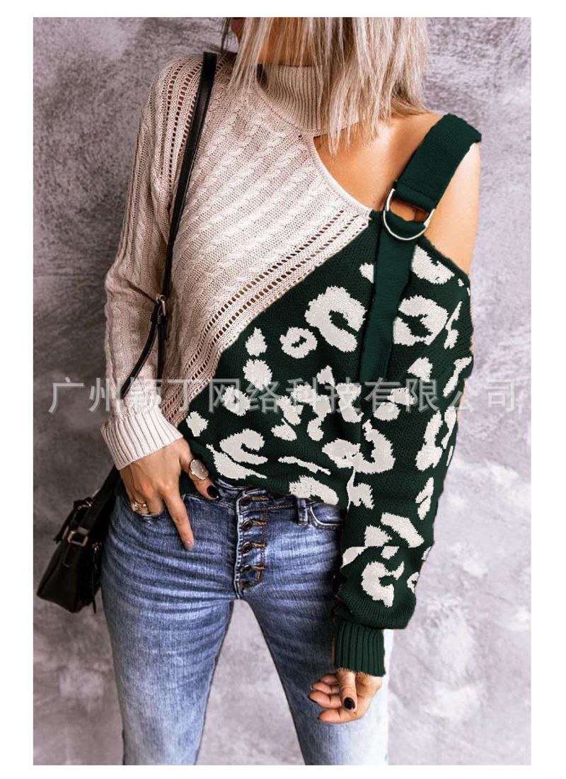 Women's autumn and winter color-blocked leopard print turtleneck off-shoulder sweater_voghion.com