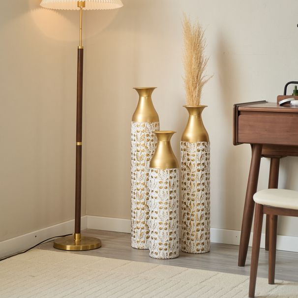 Mother's Day Gift Set - Gilded White 3D Relief Flower Metal Vase Set 24". 29". 32. 68 Height_voghion.com