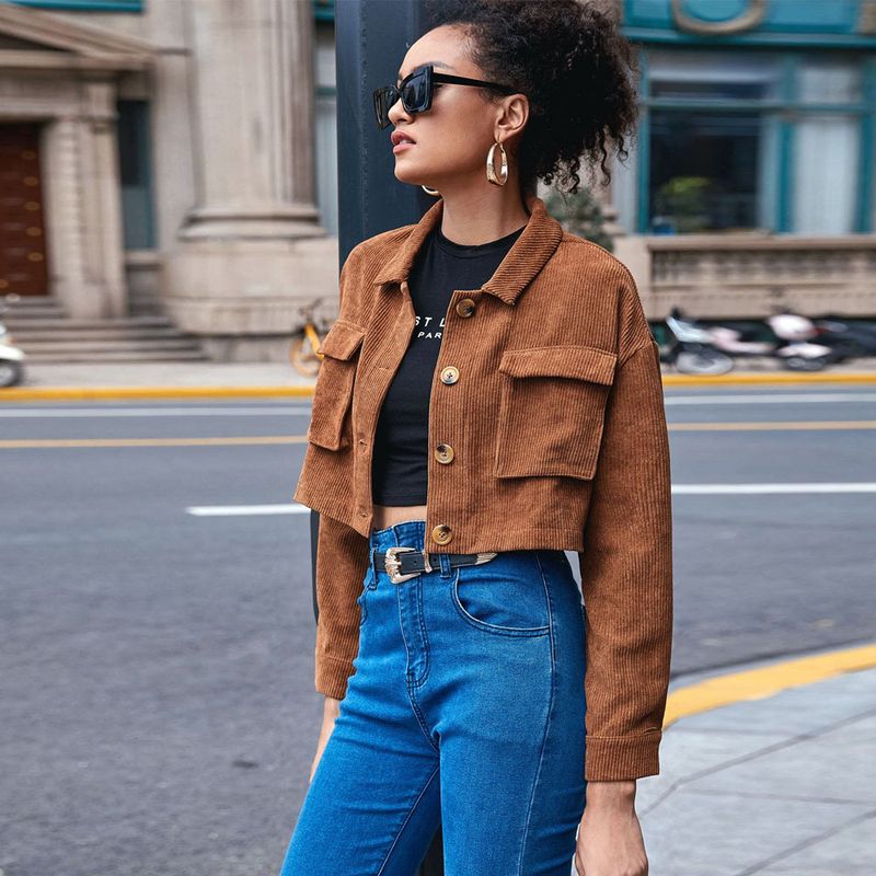 2025 Spring Summer New Casual Single-Breasted Accordion Pocket Turn-Down Collar Corduroy Long Sleeve Jacket Coat_voghion.com
