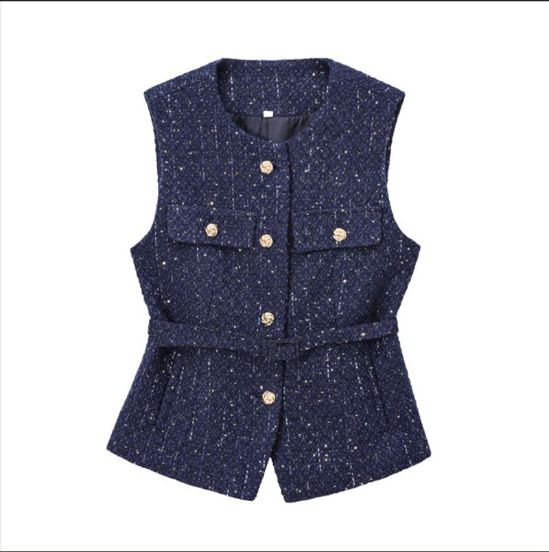Women's Clothing New Spring And Autumn Women's Clothing Design With Belt Sequins Texture Vest Jacket_voghion.com